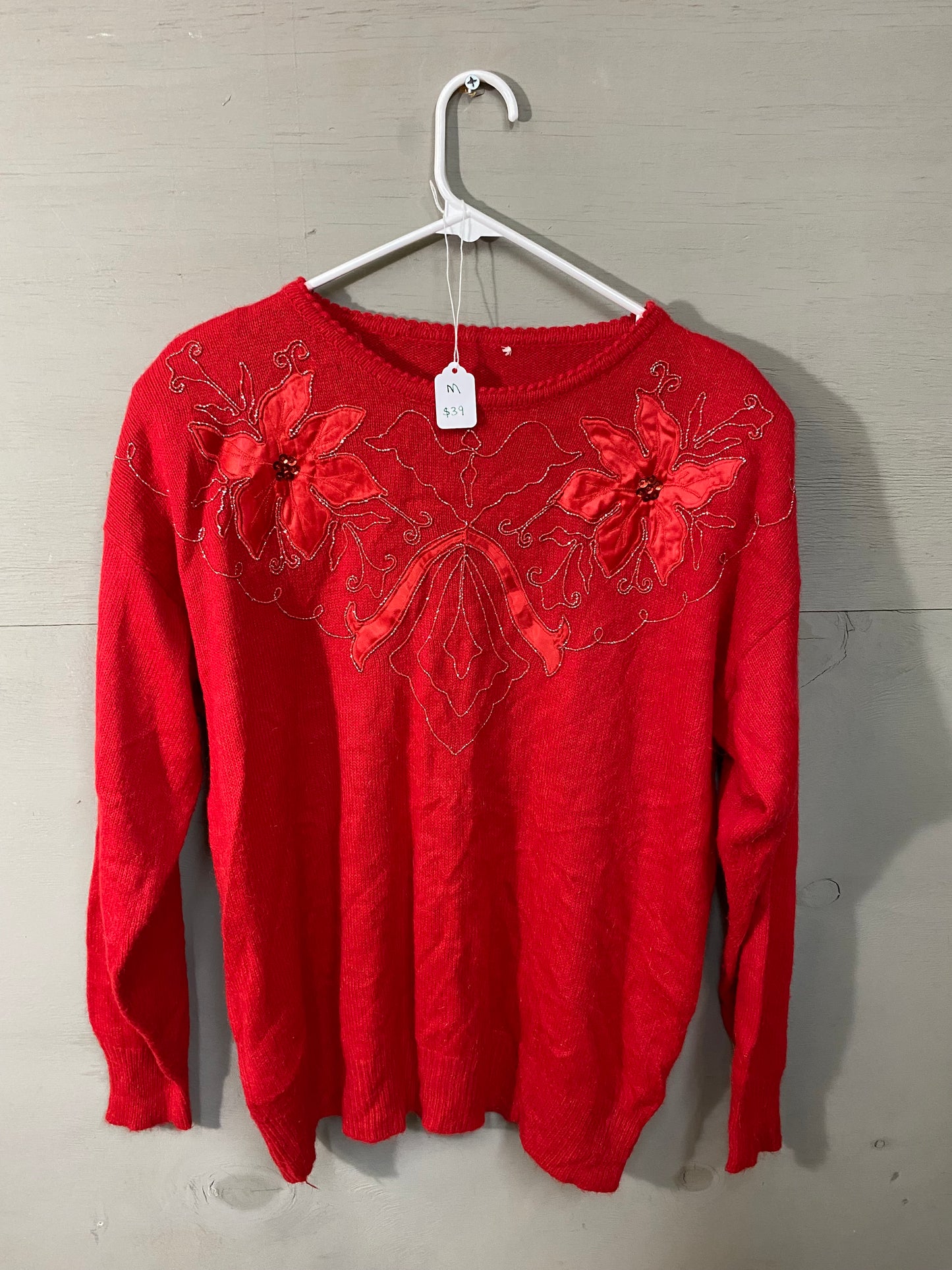 Red Sweater with Flowers Size M