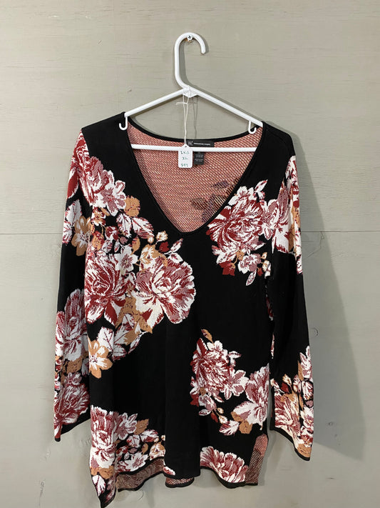 INC Black and Pink Flower V-Neck Sweater Size XL