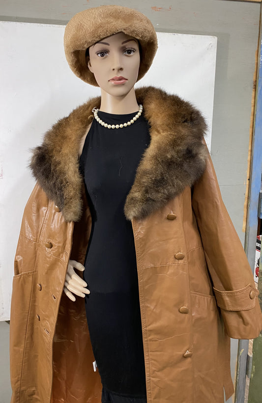 Camel Colored Leather Jacket With Mink Collar Size L