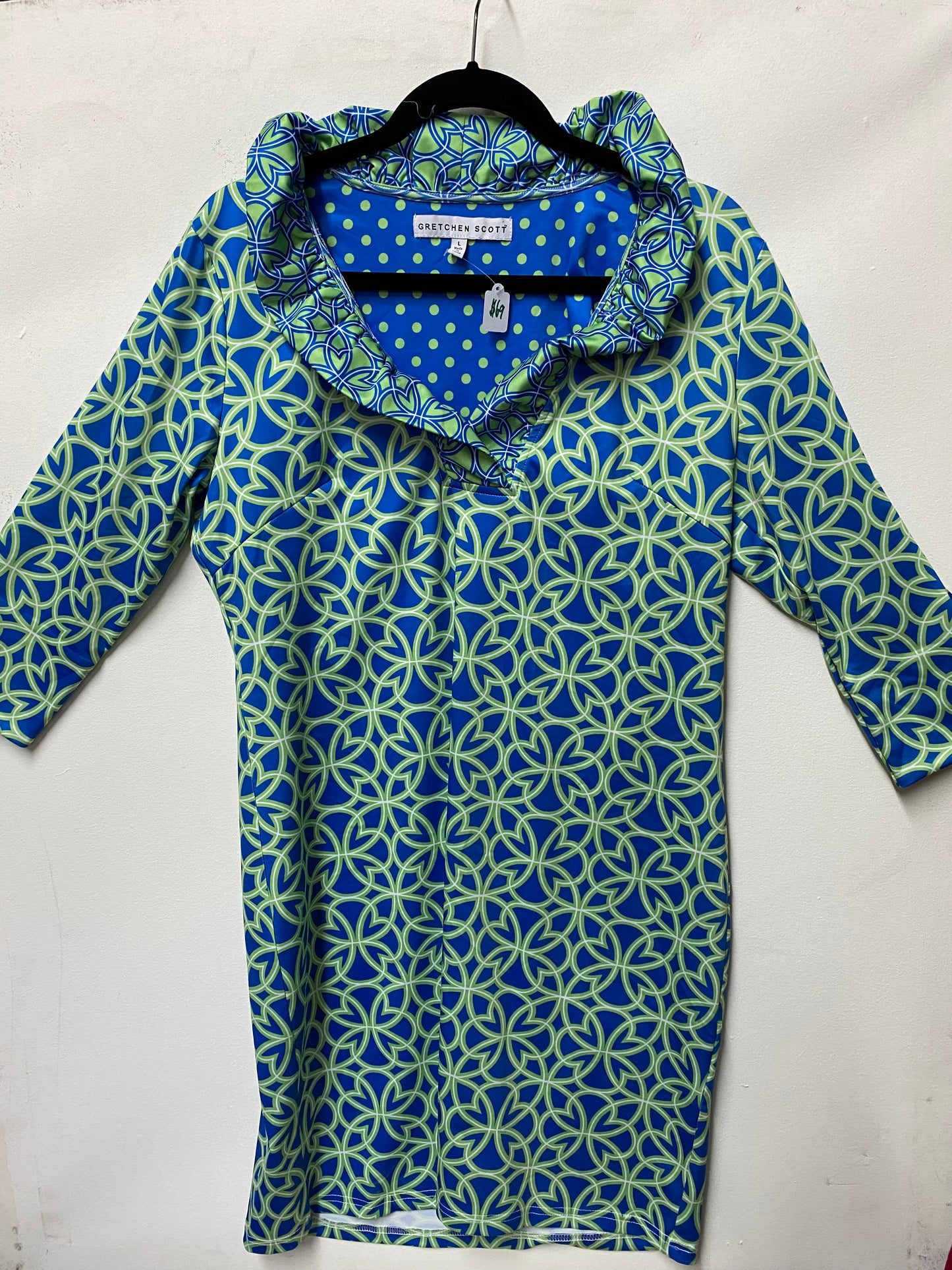 Gretchen Scott Neon Blue/Green Geometric Ruffle Neck Dress Size L