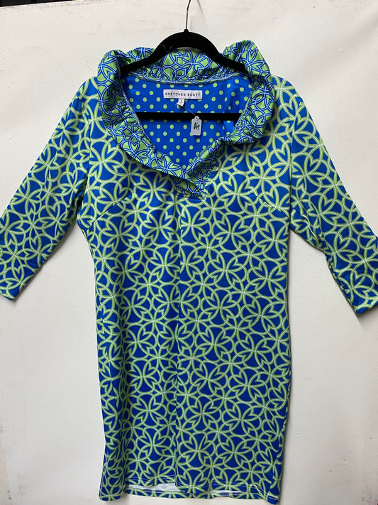 Gretchen Scott Neon Blue/Green Geometric Ruffle Neck Dress Size L